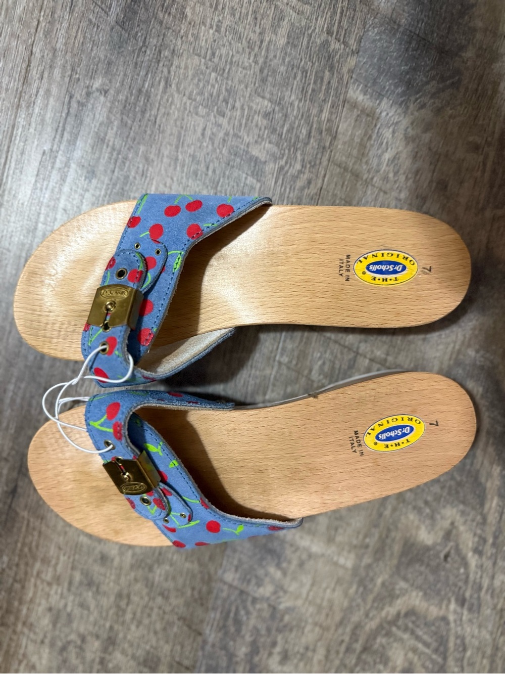 Vintage Italian Dr. Scholl's Leather Blue Cherry Print Slide Sandals with Buckle